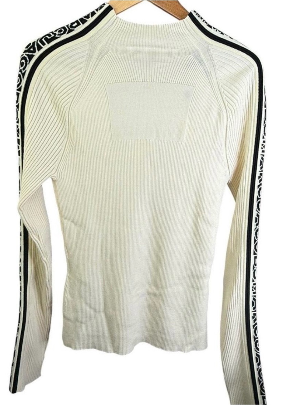 Marc Jacobs Ivory Ribbed Crewneck Sweater with Black Graphic Sleeve Stripes